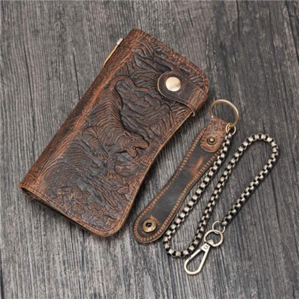 Men's Genuine Leather Long Wallet Chain Wallet, Engraved Bifold Wallet